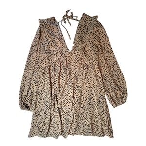 Leopard Print Mini Dress S V-Neck Long Sleeve Ruffle‎ Babydoll Western Flowy